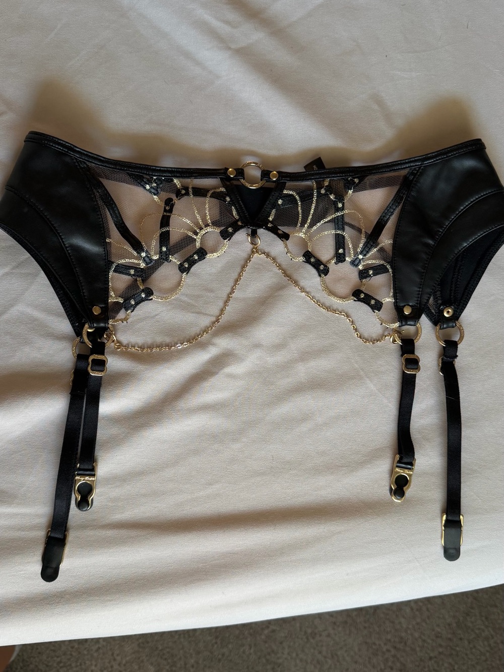 Honey Birdette Black Sheer Lace Garter Belt with Gold Chain Accents